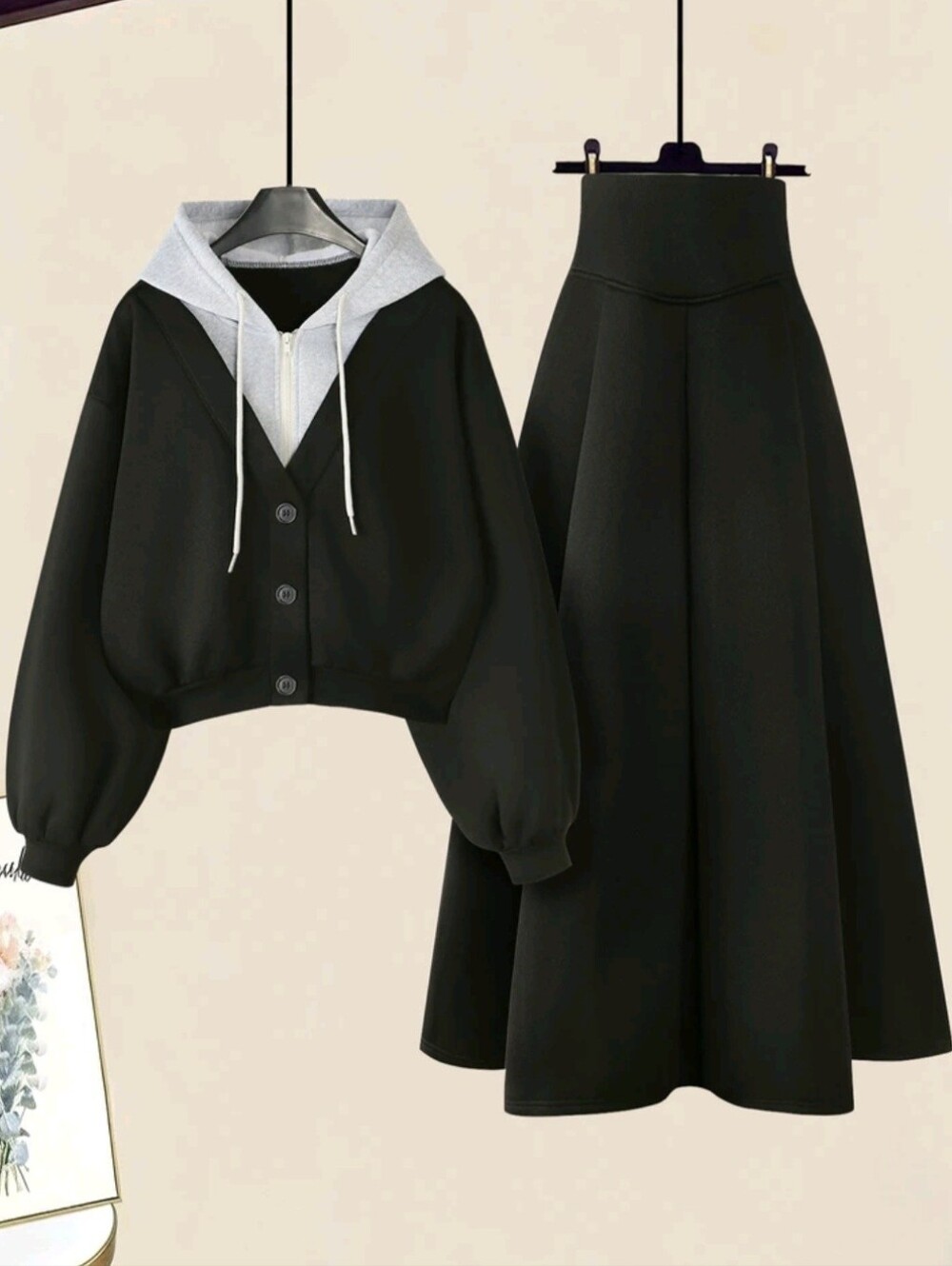 Black women's set: bomber jacket and A-line skirt